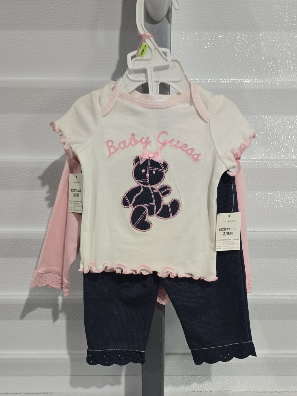 Guess White & Pink‎ Teddy Appliqué Top with Navy Pants Set 3 Peice Set NWT 3-6 M